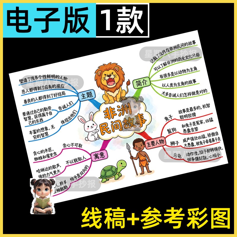 非洲民间故事思维导图模版五年级上册读书卡黑白线稿电子版手抄报