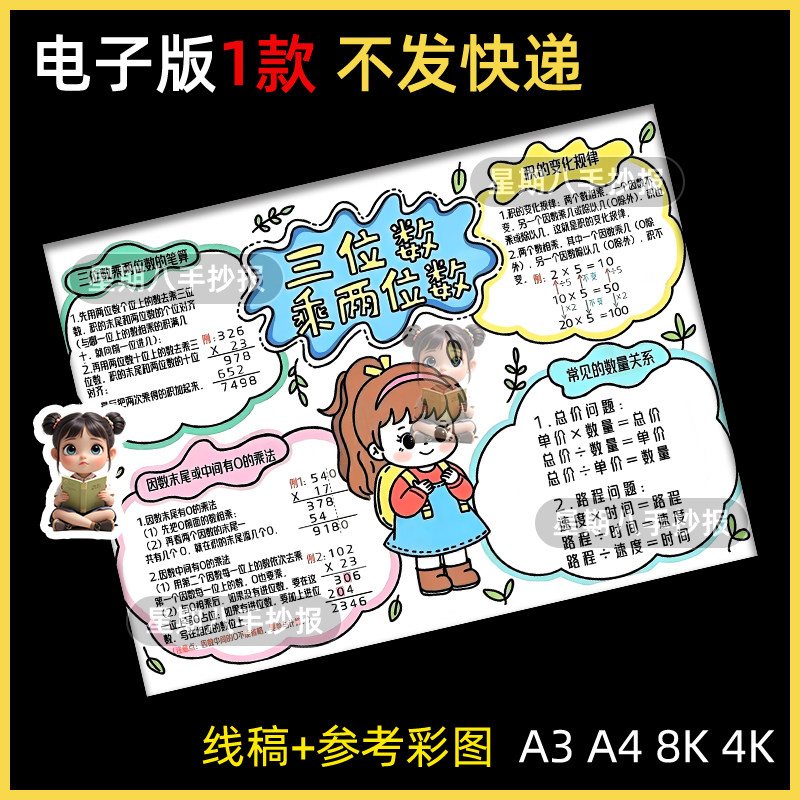 三位数乘两位数思维导图手抄报四年级数学上册四单元涂色电子小报
