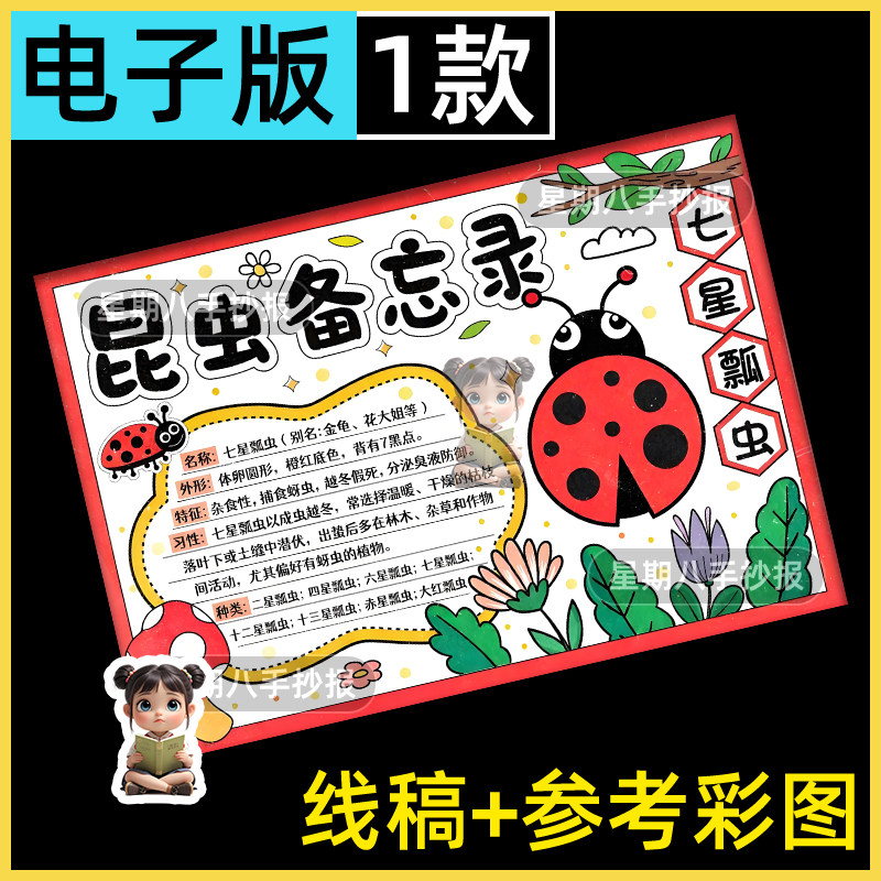 七星瓢虫昆虫备忘录手抄报花大姐自然笔记观察记录电子线稿模板a4