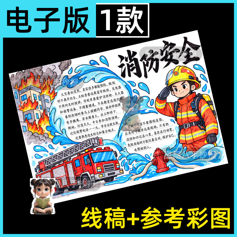 消防安全手抄报电子模板黑白线稿初中安全知识教育画预防火灾逃生