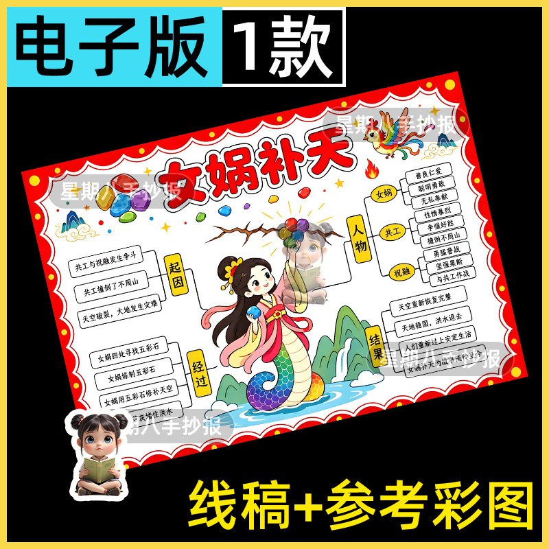 女娲补天思维导图模板中国古代神话故事手抄报好书推荐卡线稿小报