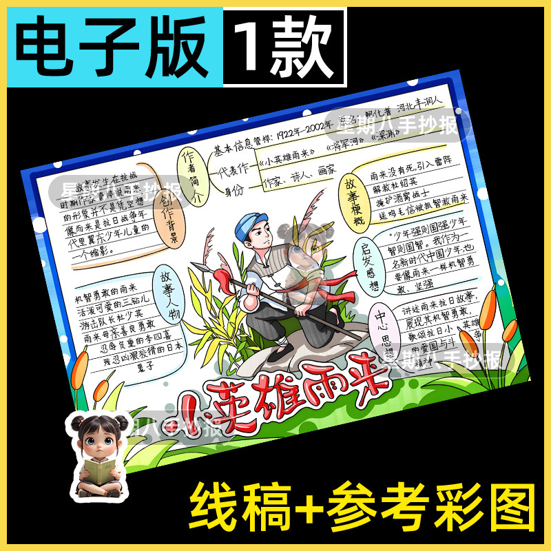 小英雄雨来思维导图手抄报电子模版 红色故事英雄人物线稿小报A4