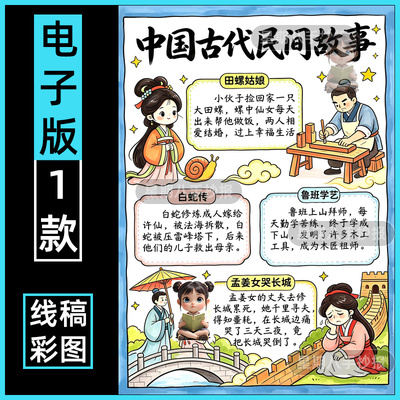 中国民间故事手抄报五年级上快乐读书吧好书推荐读后感线稿竖版8k