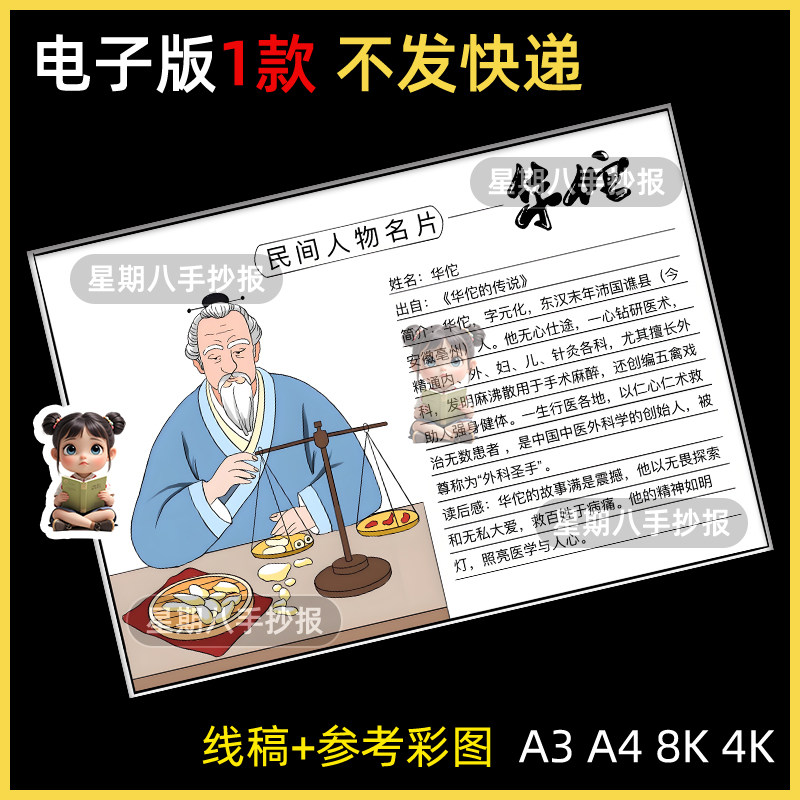 著名医学家神医华佗手抄报模板电子版杰出贡献当代英雄人物线稿8k
