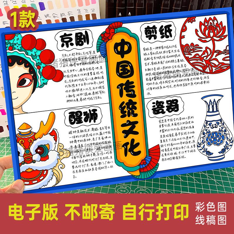 中国非遗传统文化手抄报电子模版素材小学生醒狮剪纸京剧瓷器线稿