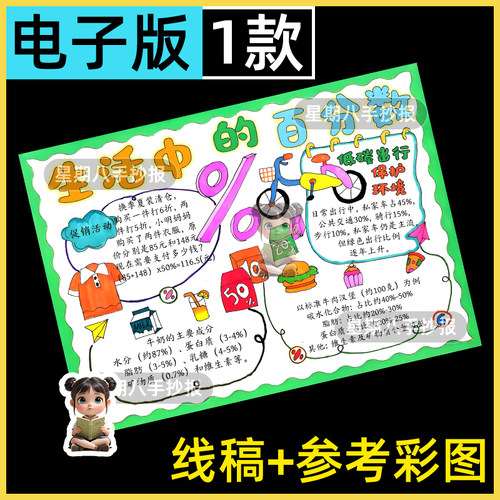 生活中的百分数手抄报黑白线描涂色空白六年级数学小报A4A38K模板