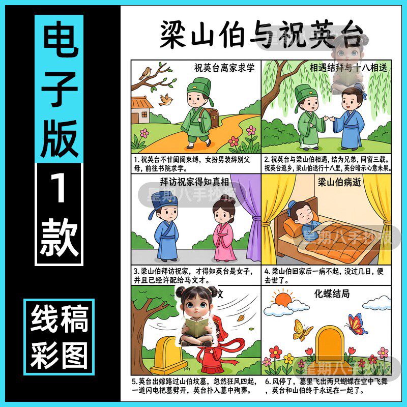 梁山伯与祝英台六格画连环画手抄报中国古代民间故事电子小报线稿