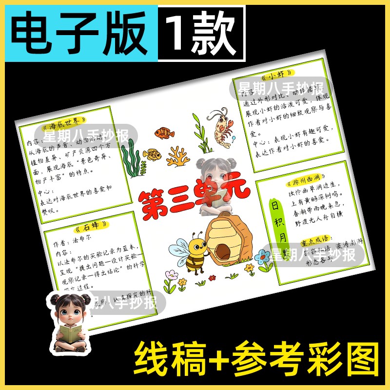 语文三年级下册第三单元思维导图模板电子版手抄报小报线描线稿a4