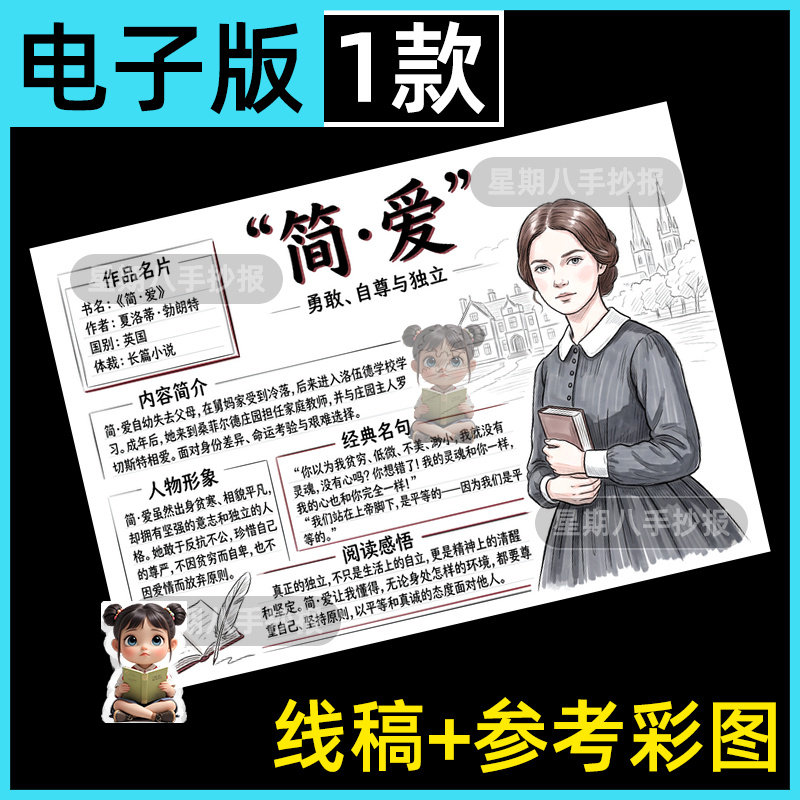 简爱手抄报模板世界名著思维导图中学生读书分享电子小报涂色线稿