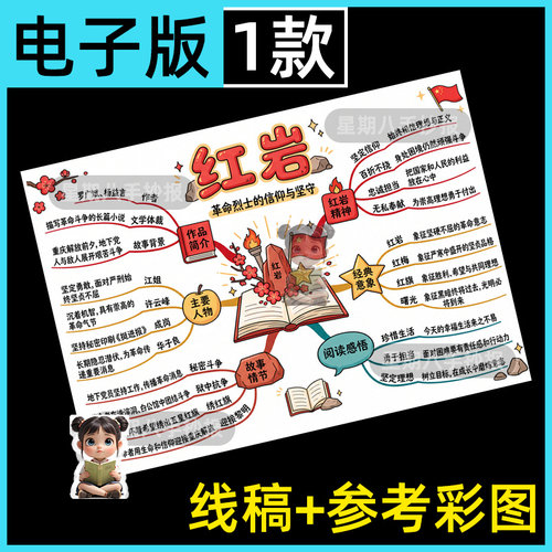 红岩思维导图手抄报模板电子版阅读红色经典书籍小报好书推荐线稿