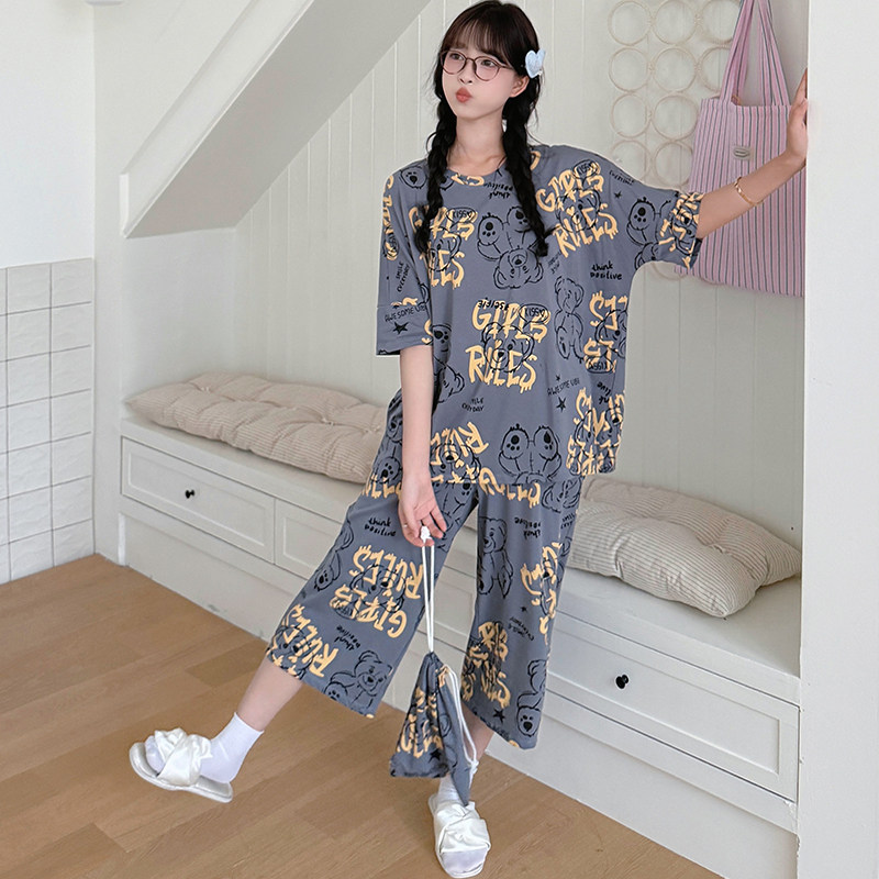 睡衣女款2026新款夏可爱小熊布袋睡衣宽松大码家居服纯棉睡衣套装