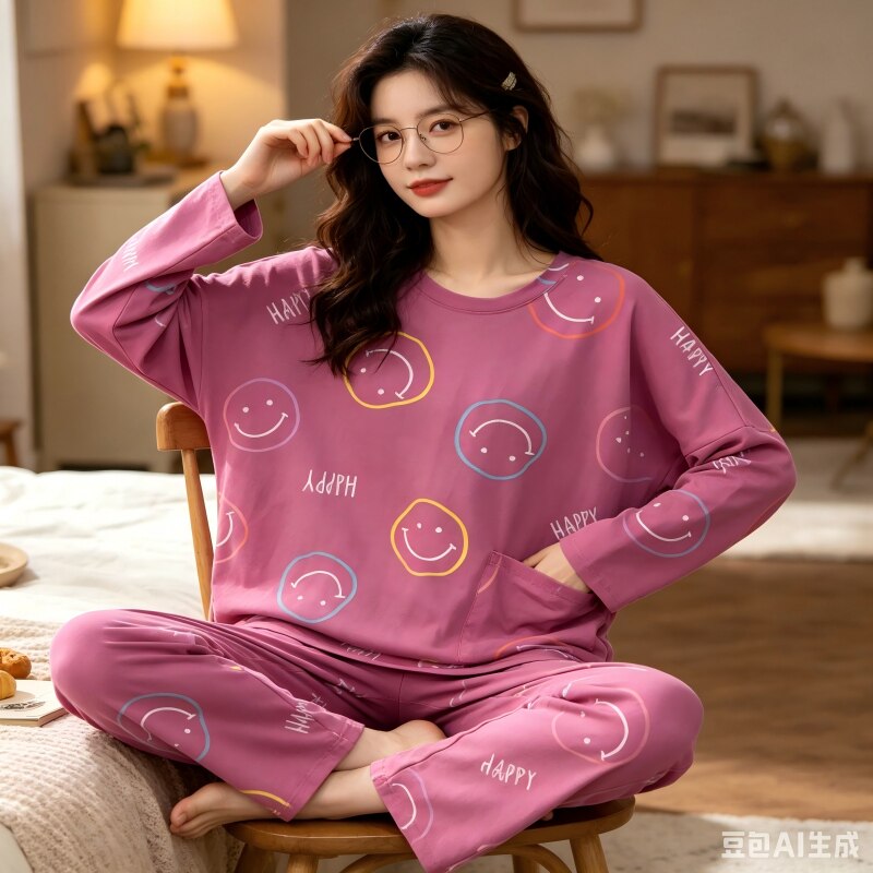满印笑脸纯棉布袋睡衣女长袖套装宽松大码家居服卡通圆领胖mm春秋