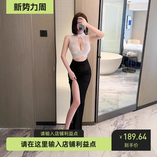 夜场性感连衣裙网纱漏胸高开叉长裙假两件气质立领选秀晚礼服