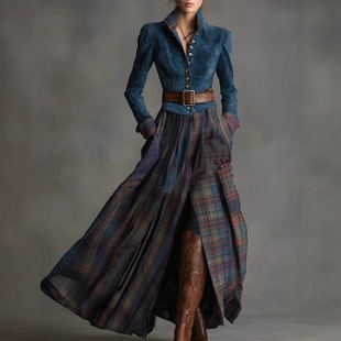 跨境欧美独立站新款秋冬绿皮绒拼接女装条纹长款连衣裙