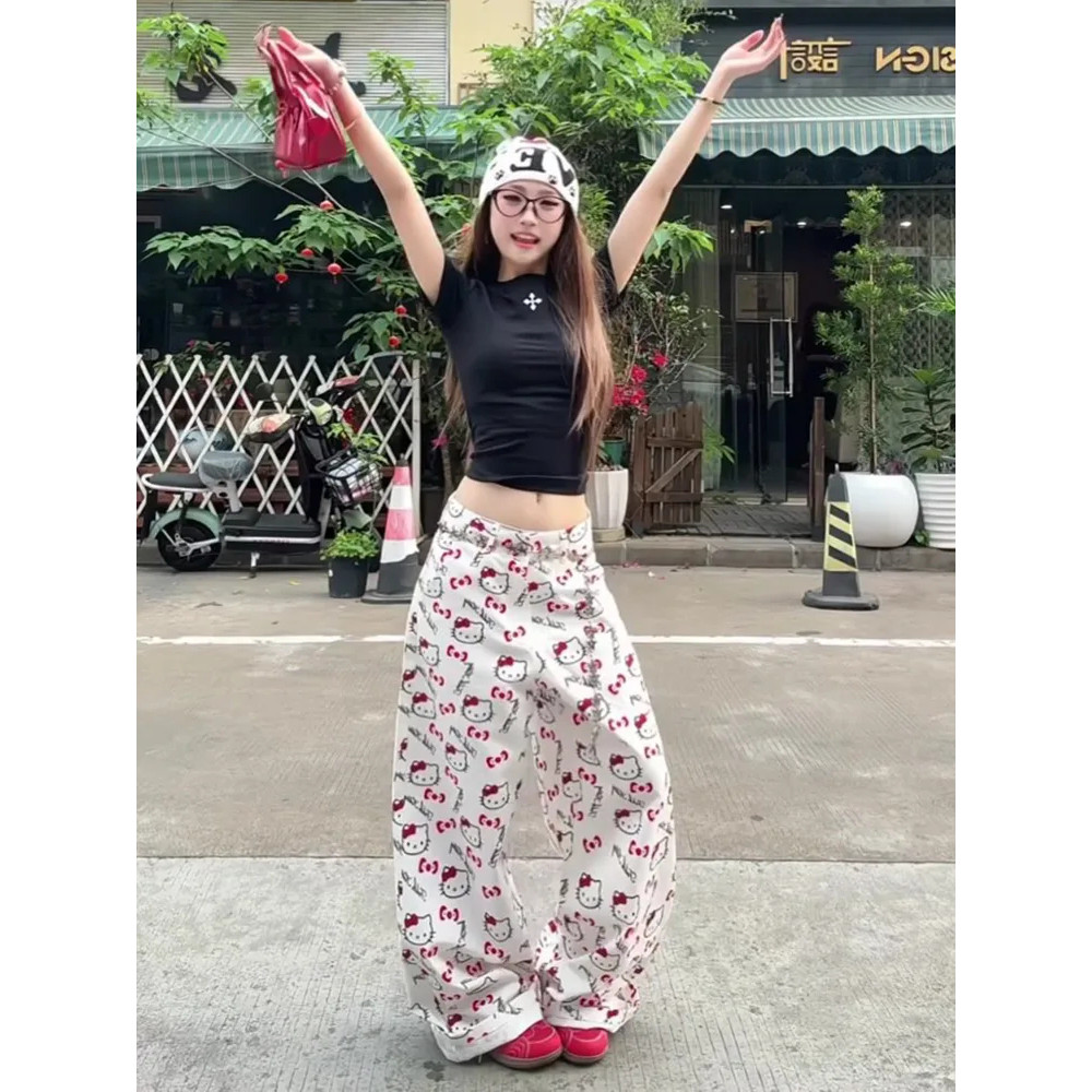 网红新款牛仔裤女夏季新款凯蒂猫印花甜美可爱减龄矮个子休闲宽松