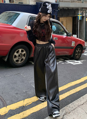网红新款2024秋装新款松紧腰阔腿裤直筒裤女装休闲裤仿皮面料