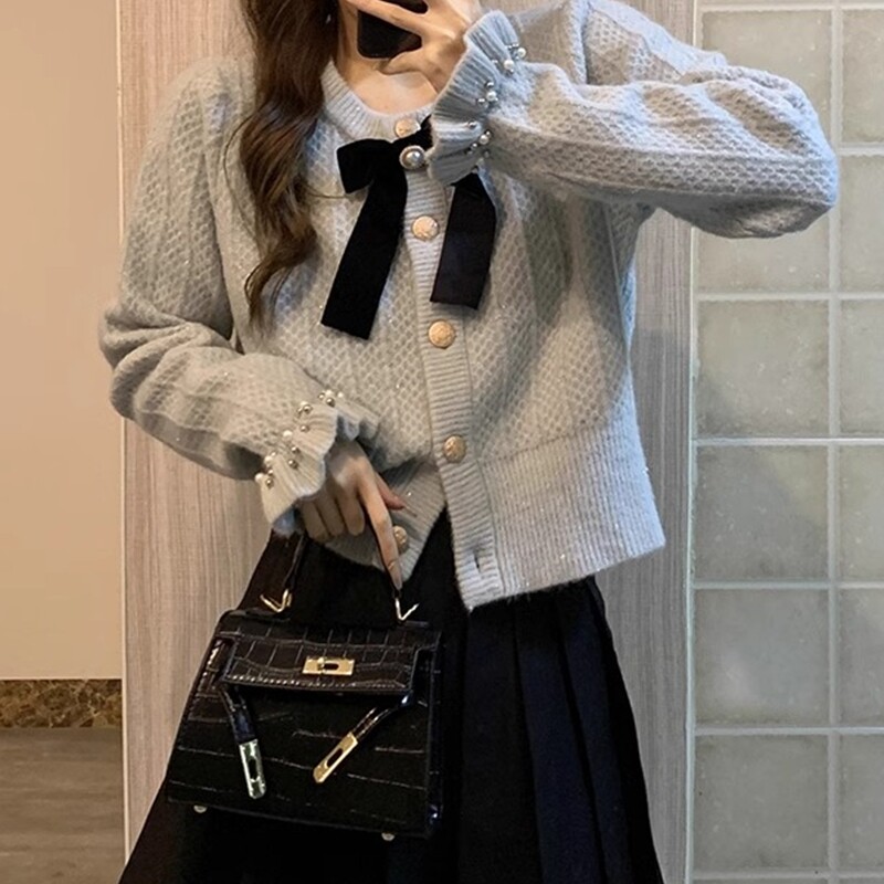 小香风亮丝闪闪蝴蝶结针织毛衣开衫女外套小众设计感温柔春秋上衣