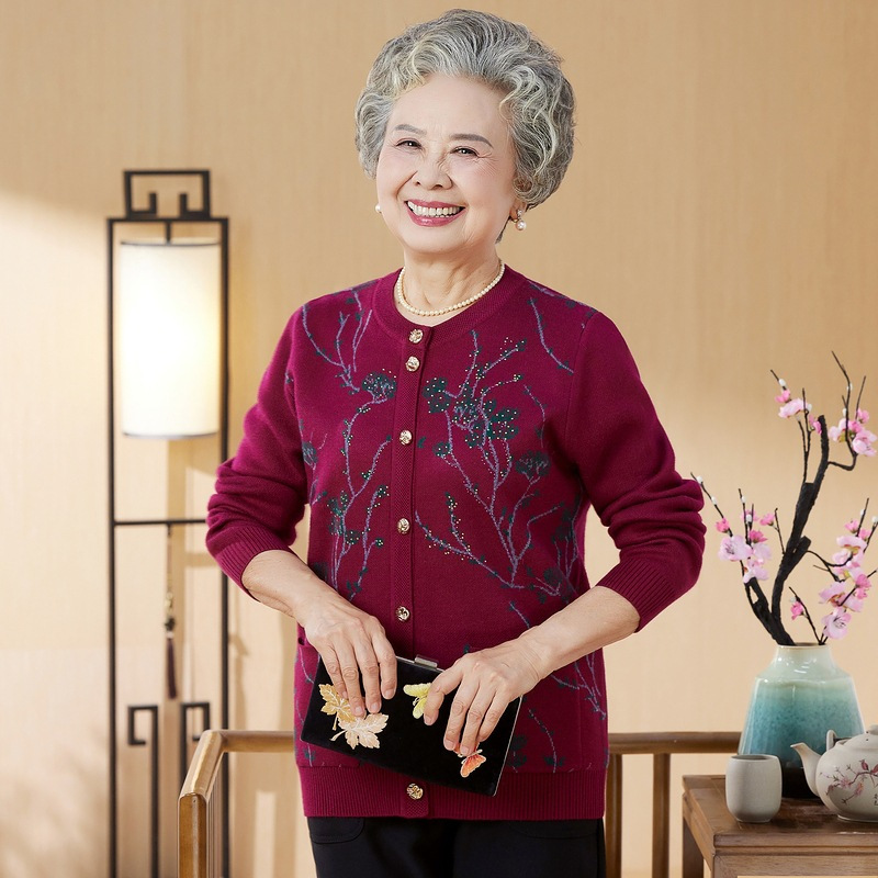 中老年女装针织衫毛衣开衫圆领宽松奶奶春秋外套时尚提花妈妈装
