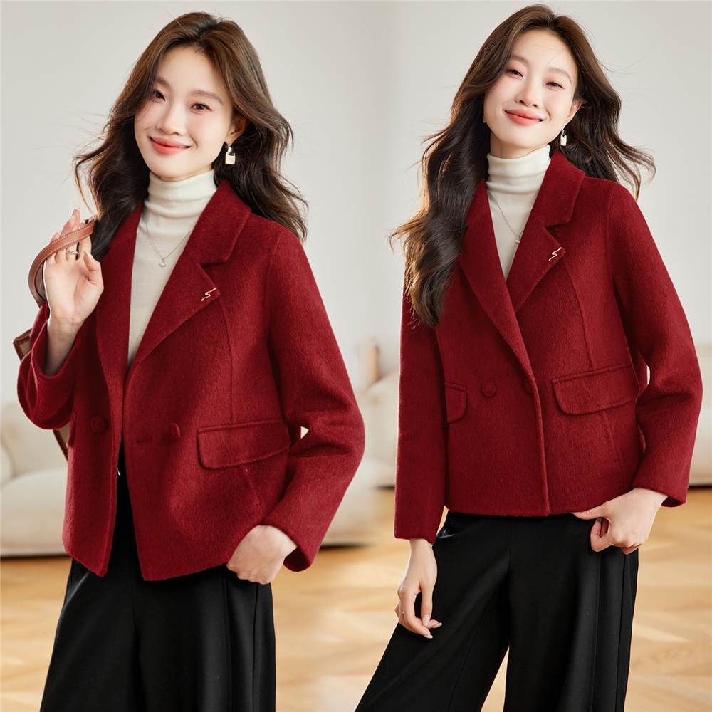 西装翻领双面呢外套2025年秋冬新款气质通勤绵羊毛短款呢子大衣