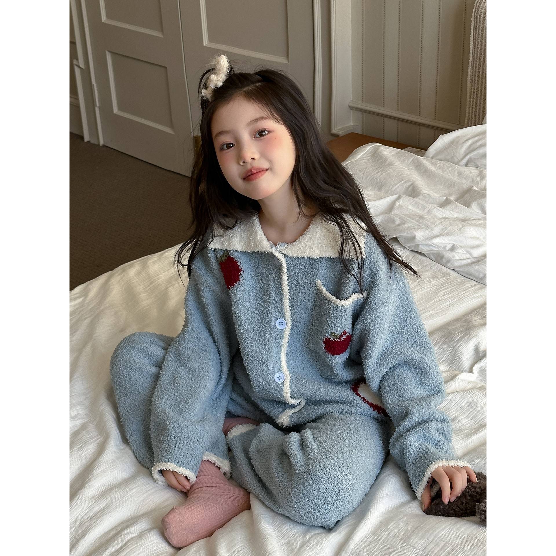 女童睡衣2025新款儿童冬款半边珊瑚绒套装中大童女孩法兰绒家居服