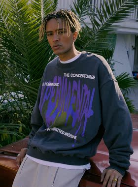 C14 online春季街头嘻哈液化字体印花情侣装长袖圆领卫衣男打底衫