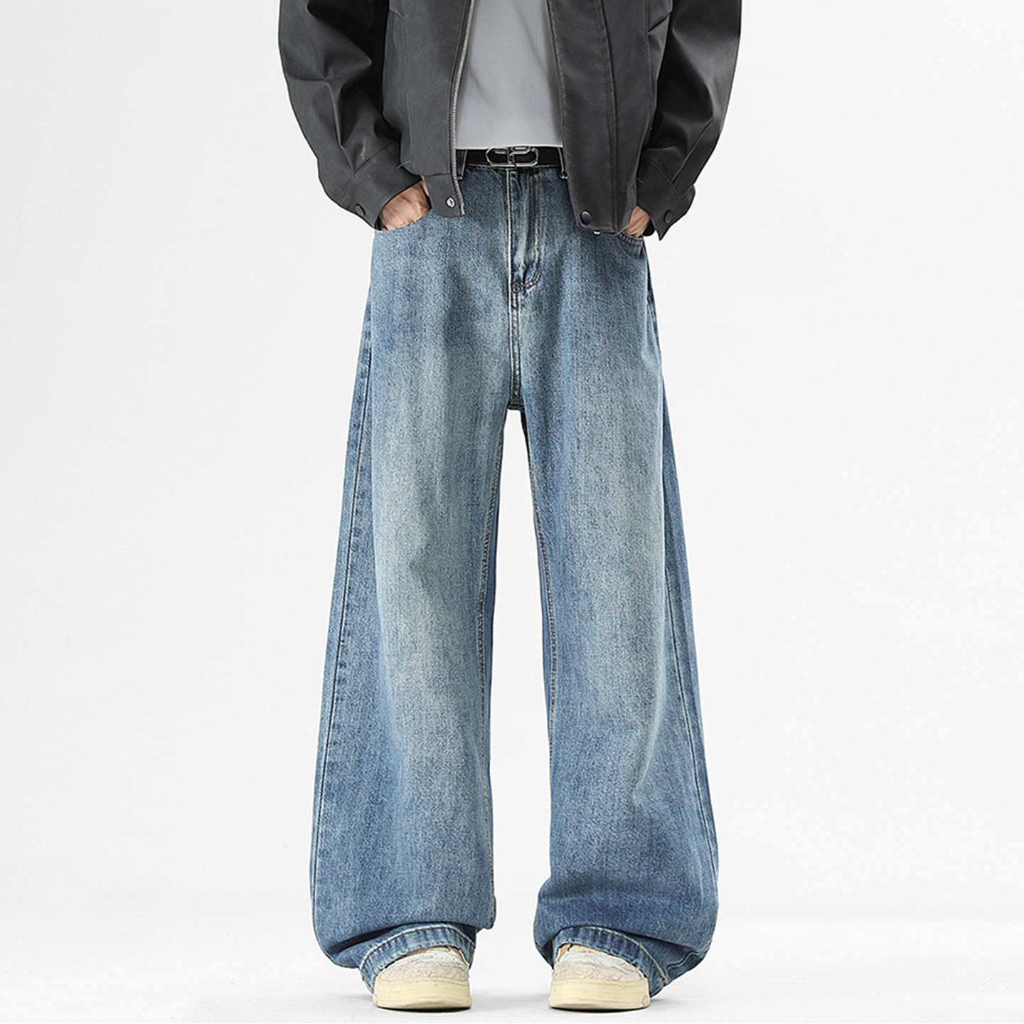 Lesstter美式宽松水洗阔腿牛仔裤