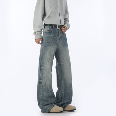 Lesstter男生高街水洗直筒牛仔裤