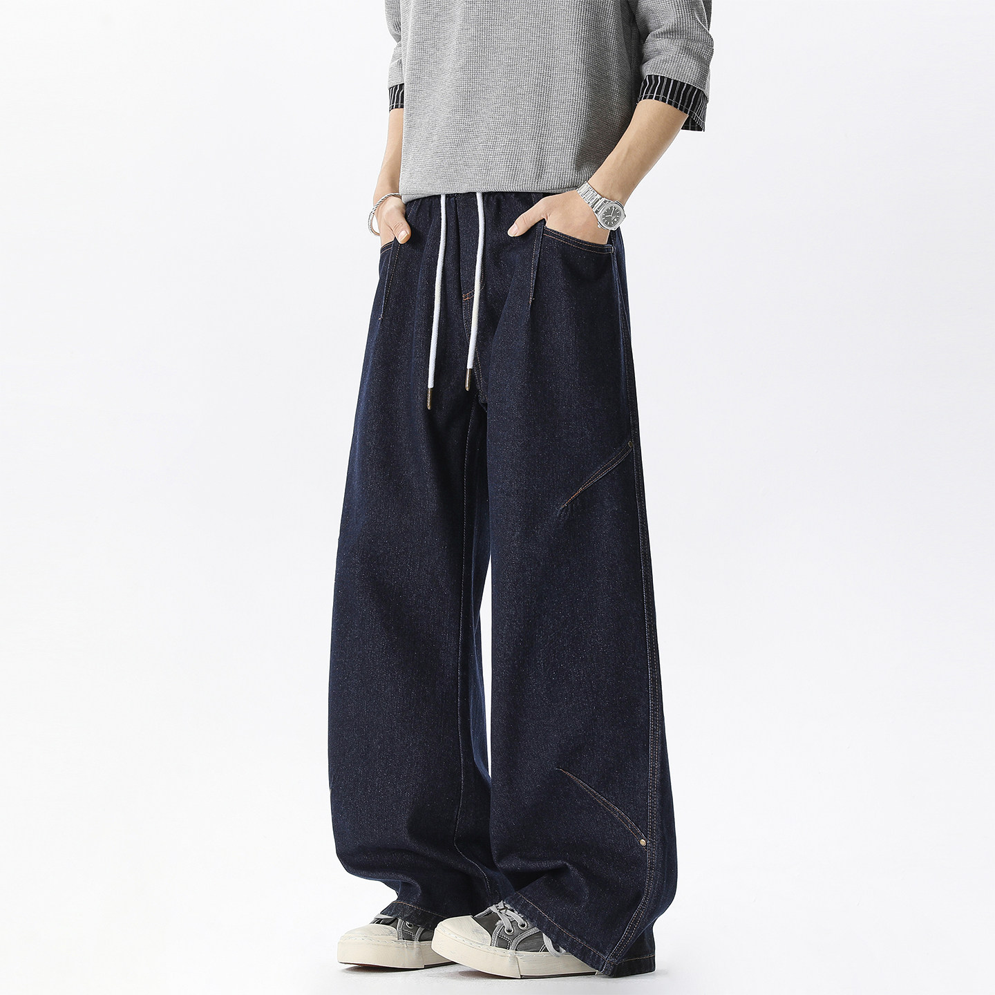 Lesstter春秋季新款男生美式宽松重磅原牛牛仔裤男士抽绳阔腿长裤