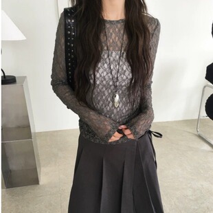 26春季 日系三色泡泡镂空立体蕾丝弹力打底锦纶T恤内搭套头长袖