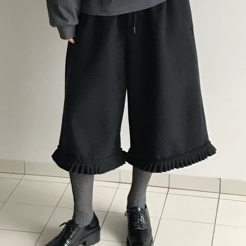 秋冬毛呢厚款 韩国复古花边压褶宽松纯色裤腿7分裤直筒日系少女