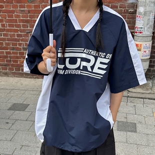 夏季 韩国ins运动原宿英文字母印花撞色拼接尼龙短袖上衣机能风