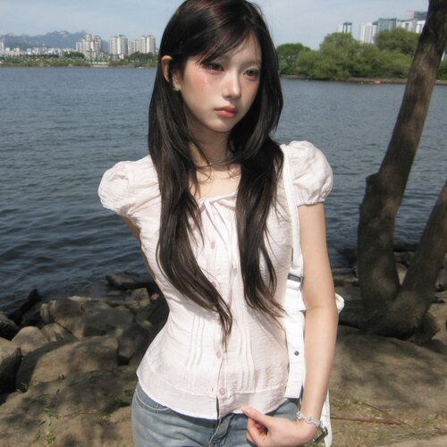 清冷感韩系甜美气质蝴蝶结系带收腰压褶微透减龄显瘦泡泡袖衬衫女