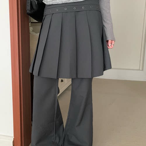 3色入春季新款韩国ins甜酷风假两件金属扣百褶裙摆微喇叭裤长裤