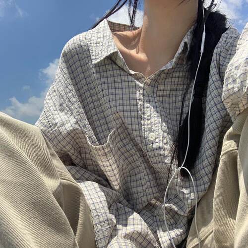 INS 格纹防晒衬衫女宽松夏季新款衬衣男友风