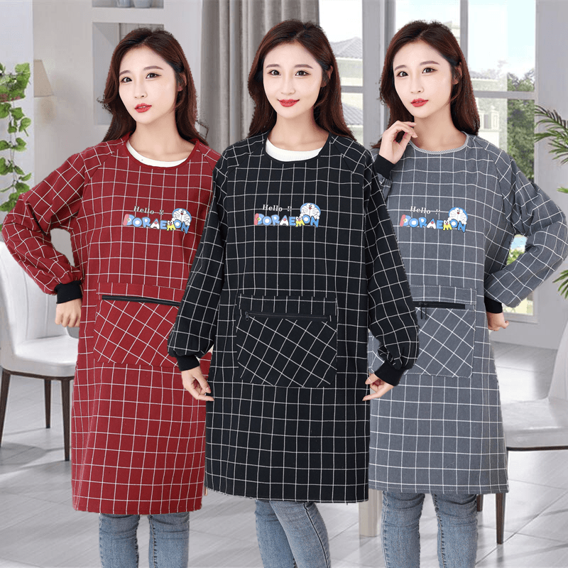 围裙带袖子罩衣女纯棉长款反穿衣厨房家用干活上班工作服防污防油