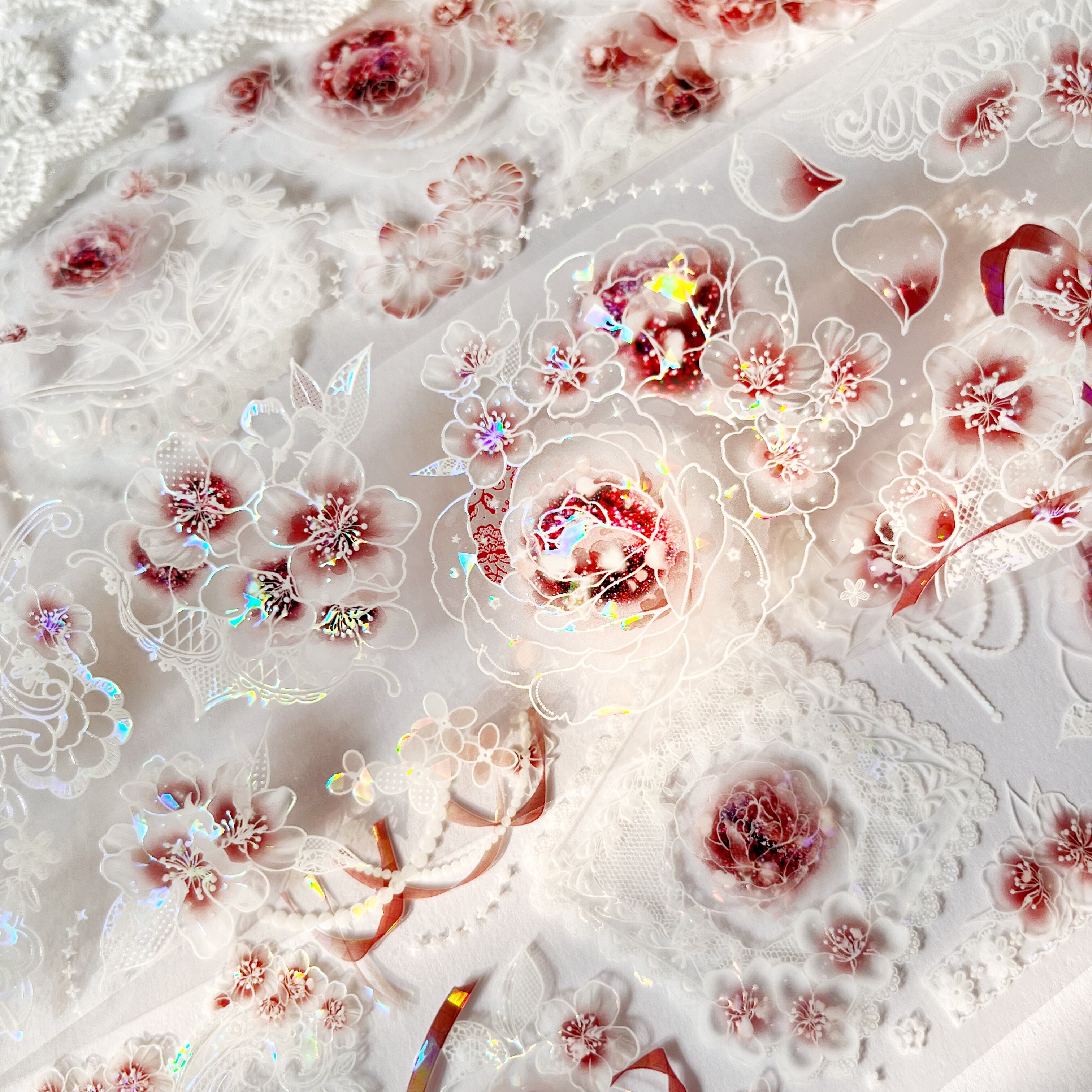 满19元包邮likey红茶半透蕾丝花花贝壳光特材手帐胶带分装拼贴