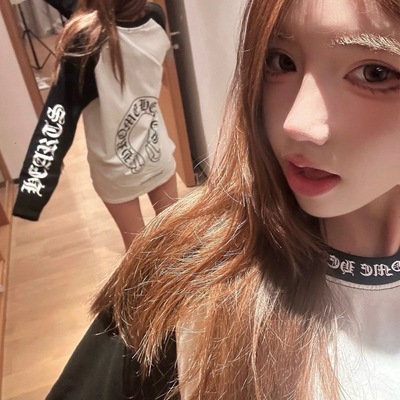 秋季爆款梵文马蹄丝网印拼色圆领轻奢长袖男女纯棉卫衣宽松打底衫