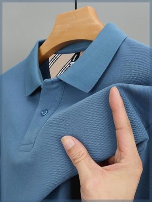 100%纯棉男士长袖t恤有翻领下摆开叉polo衫秋季休闲体恤中年上衣