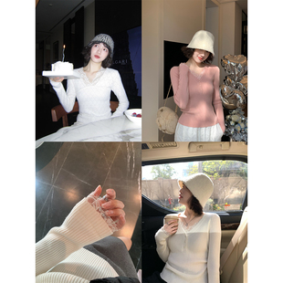 蕾丝拼接V领弹力羊毛打底 心动crush锁骨针织衫 年末要备 小内搭