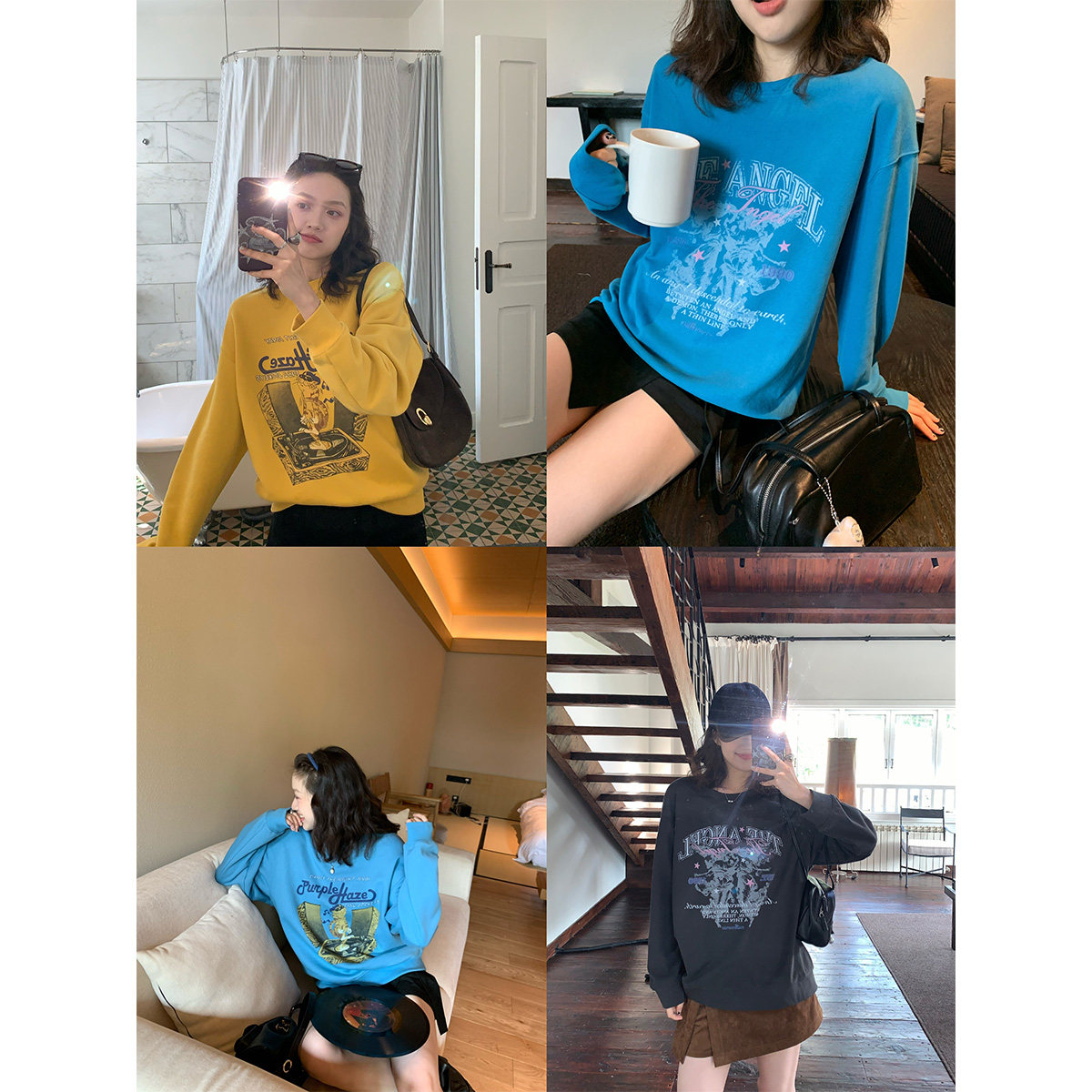 “黑胶派对”独家！古着感美式DJ小猫薄绒卫衣/慵懒复古宽松大Tee