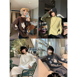 涂鸦花朵毛绒感羊毛上衣 两穿翻领 日落花园 设计师套头毛衣