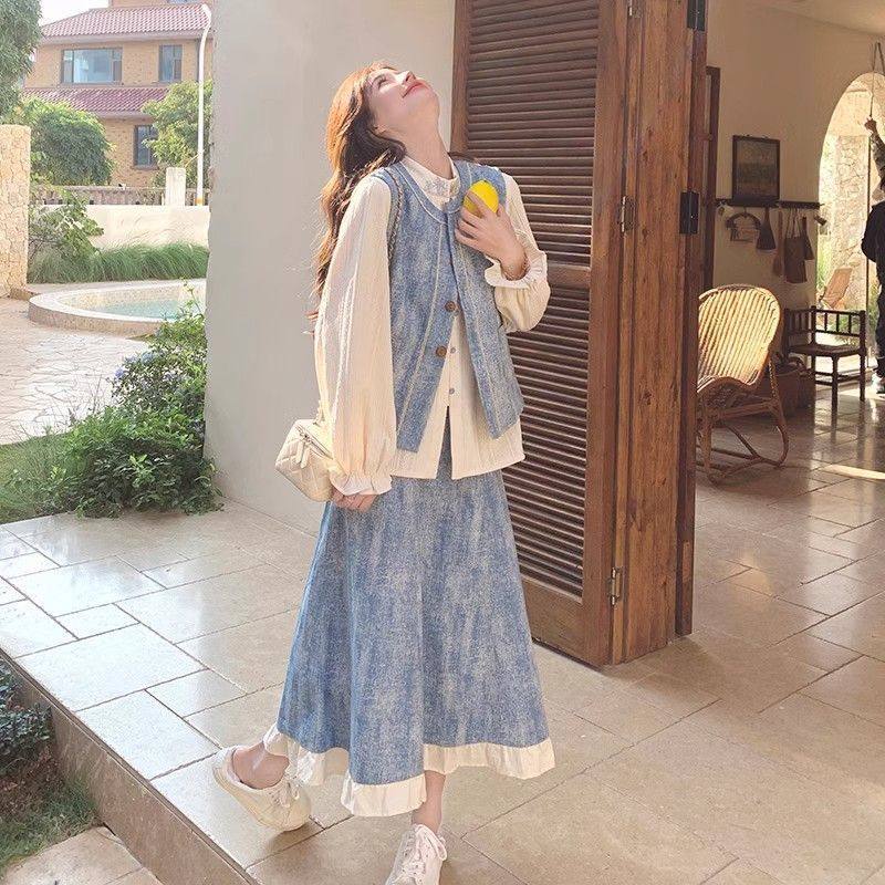 撞色小清新牛仔提花套装裙女春季2025新款设计感马甲半身裙三件套