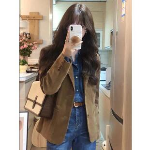 今年流行春秋季新款小西服感气质优雅驼色灯芯绒外套女小个子