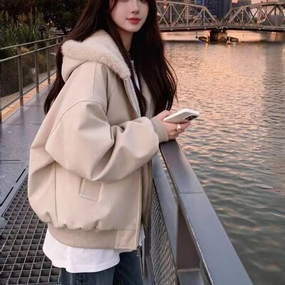 美式黑色座山雕毛领皮衣棉服男女冬季感cleanfit连帽棉衣外套