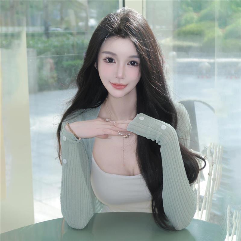 温柔风早秋薄荷绿开衫韩系气质薄款微透软糯修身短款针织长袖外套图片