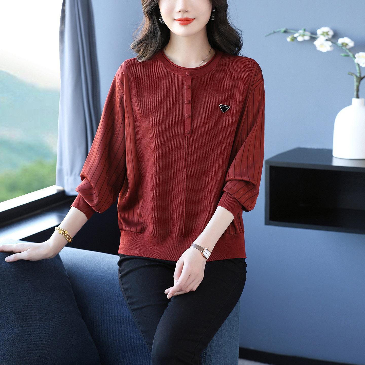 圆领小香风针织衫春秋薄款长袖上衣女2026春季新款洋气妈妈打底衫,女装/女士精品,毛针织衫,淘宝优惠券,粉丝福利购,淘宝优惠卷
