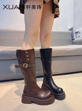轩美诗//2025年新款女鞋厚底休闲百搭长靴皮带扣装饰高跟靴60173