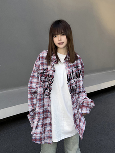 JU403 美式字母刺绣格子衬衫春秋薄款男女oversize休闲衬衣外套潮