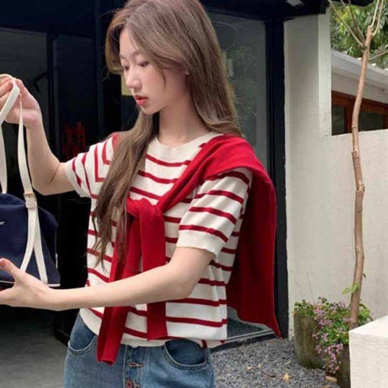 红白条纹披肩恤女短袖两件套装