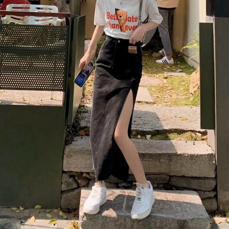 夏新款黑色牛仔中长裙女